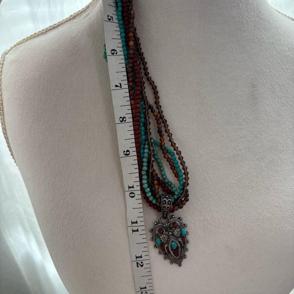 Bohemian Beaded Necklace Silver Tone Heart Pendant Coastal Cowgirl Turquoise - Picture 7 of 7